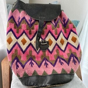 Maki Awashka Andean hand crafted, vintage, wool and leather kilim backpack OS
